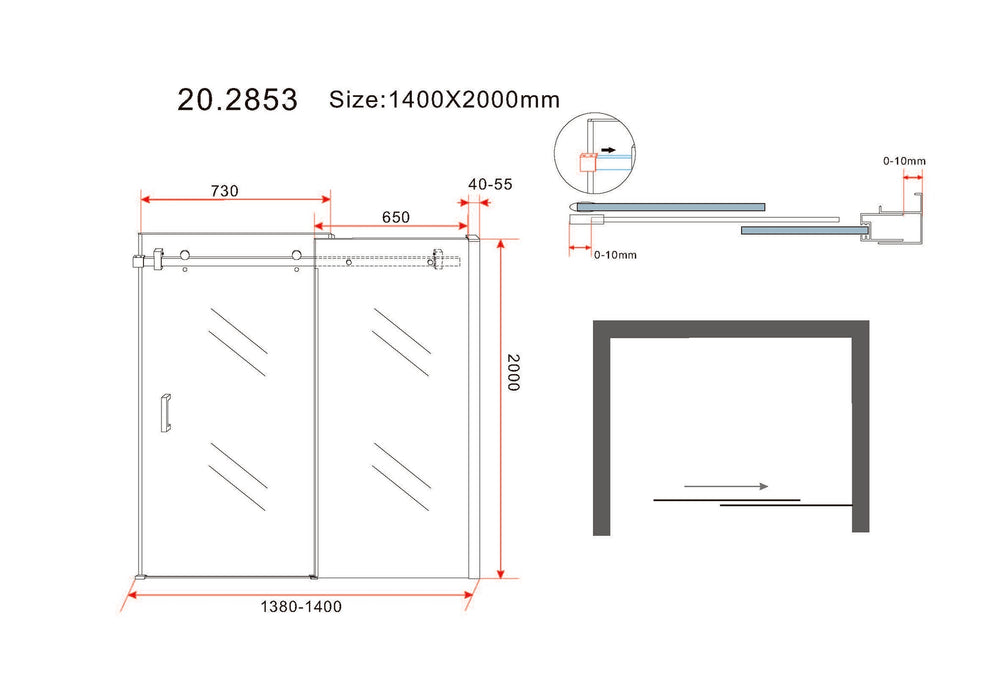 schuifbare nisdeur 2-d. mat-zwart 1400x2000 chr.8mm NANO
