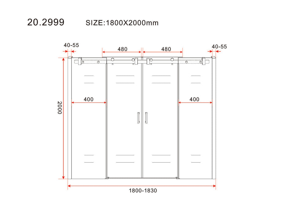 schuifbare nisdeur 4-d. mat-zwart 1800x2000 chr.8mm NANO