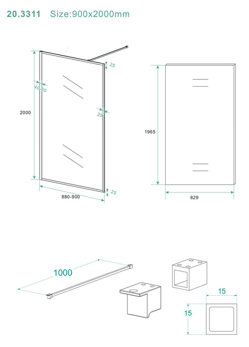 Wiesbaden Square inloopdouche 10mm nano 900x2000 mat zwart