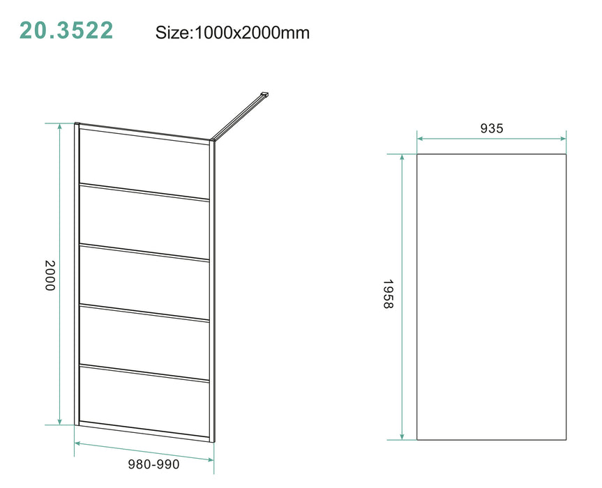 Horizon inloopdouche mat zwart raster 100 cm 8 mm Nano