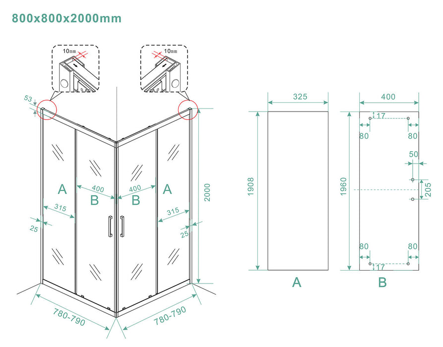 Skyline hoekinstap + 2 schuifdeuren 800x800x2000 mat-zwart 8mm NANO
