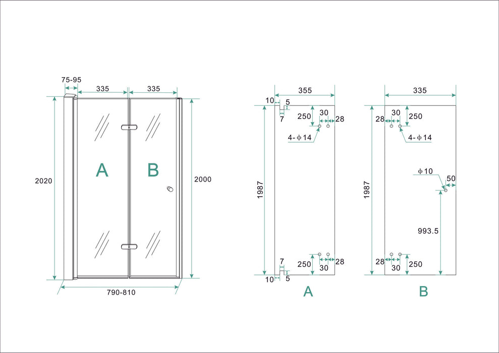 vouwbare nisdeur 800x2000 links 8mm NANO glas