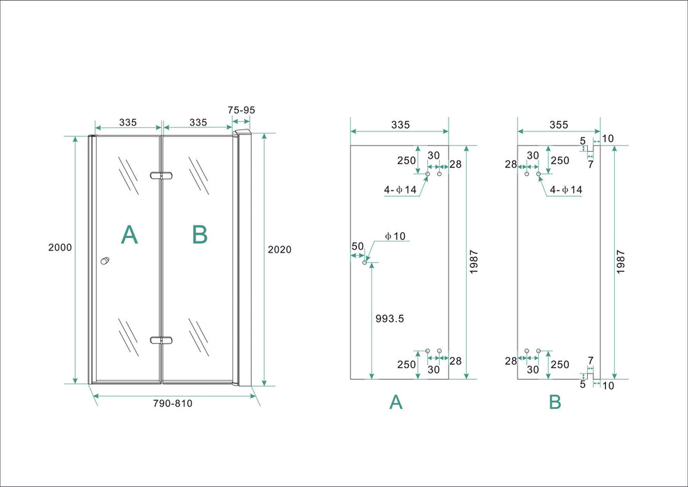 vouwbare nisdeur 800x2000 rechts 8mm NANO glas