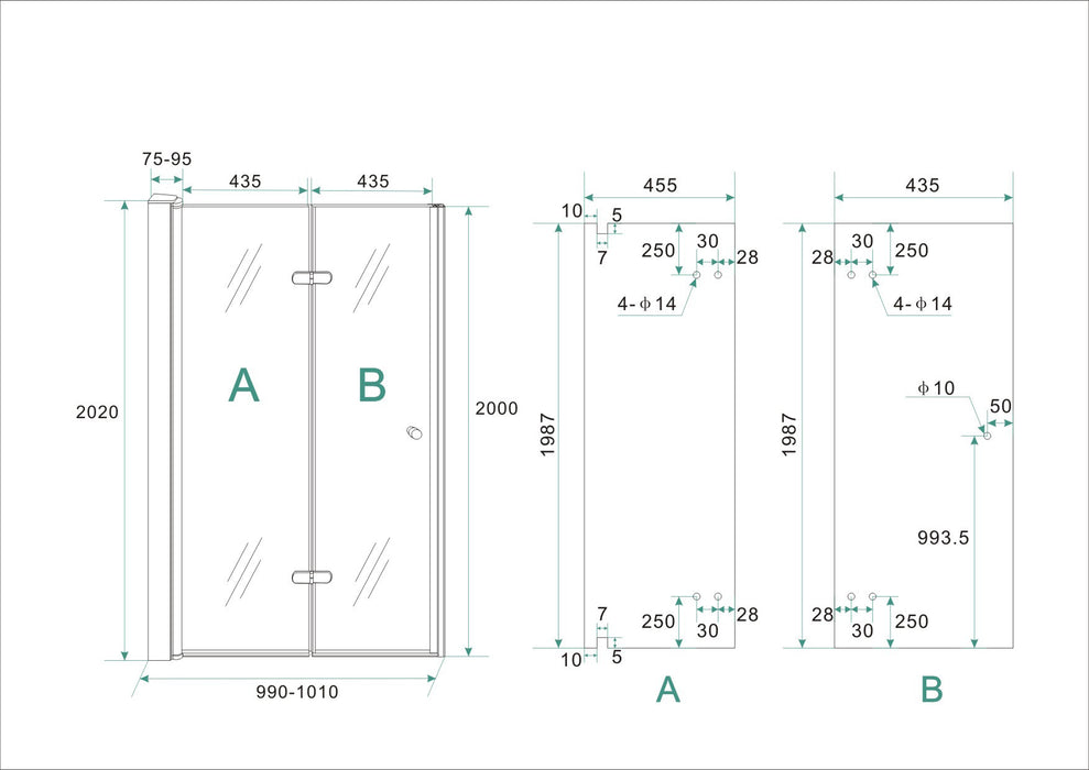 vouwbare nisdeur 1000x2000 links 8mm NANO glas