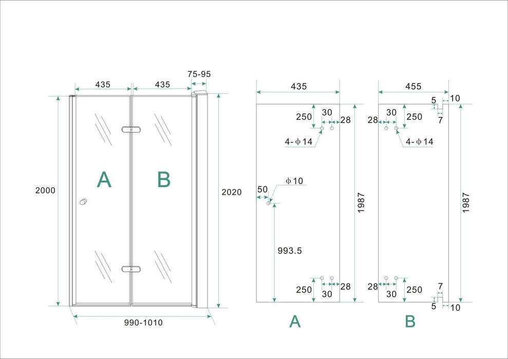 vouwbare nisdeur 1000x2000 rechts 8mm NANO glas