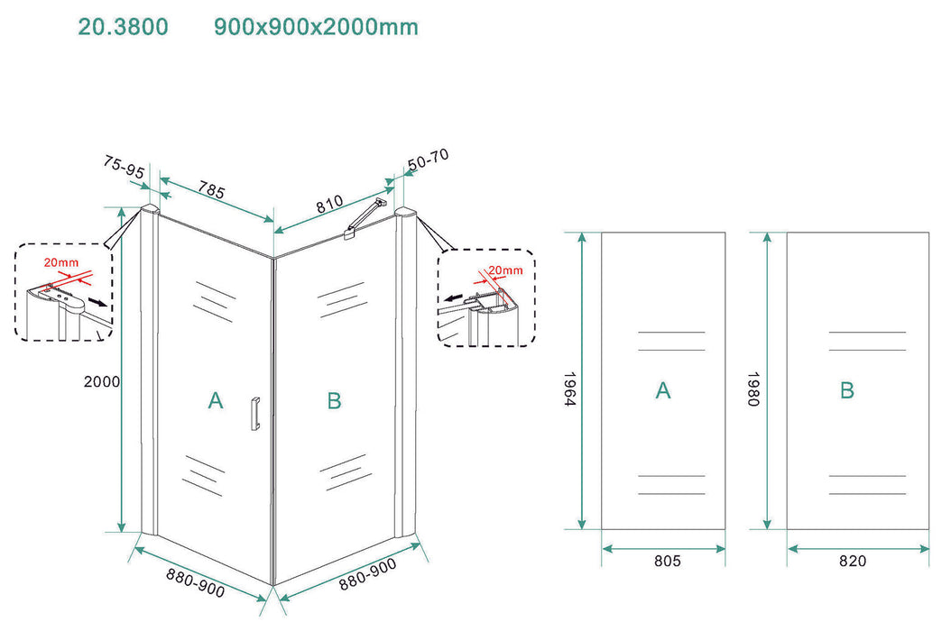 Wiesbaden Uni douchecabine draaideur met zijwand 90x90 cm mat zwart met helder glas 8mm NANO