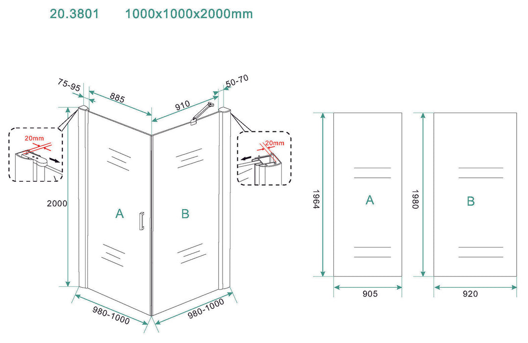 Wiesbaden Uni douchecabine draaideur met zijwand 100x100 cm mat zwart met helder glas 8mm NANO