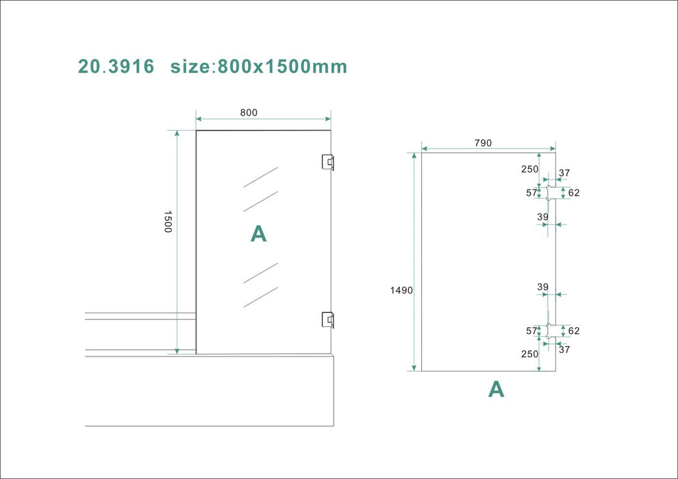 profielloze draaibare badwand 800x1500 6mm NANO