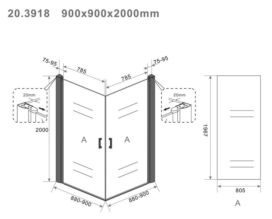 Wiesbaden Uni douchecabine met 2 draaideuren 90x90 cm mat zwart met helder glas 8mm NANO