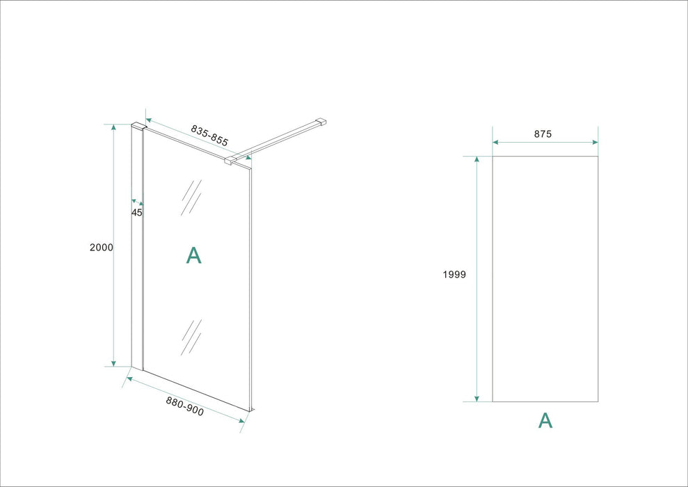inloopdouche + RVS profiel 900x2000 10mm NANO glas