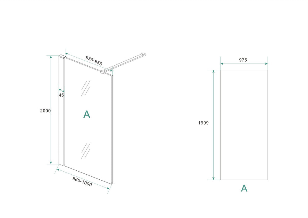 inloopdouche + RVS profiel 1000x2000 10mm NANO glas