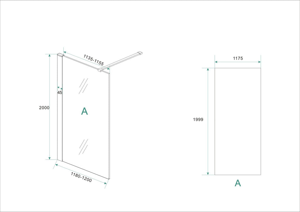 inloopdouche + RVS profiel 1200x2000 10mm NANO glas