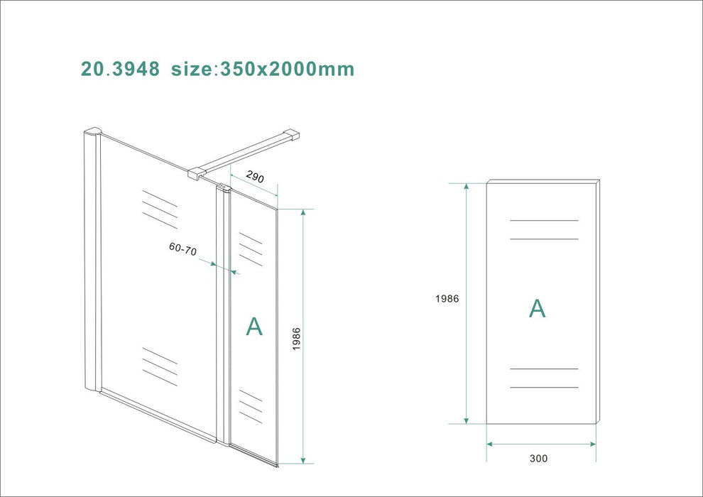 Zijpaneel 35 x 200 cm met scharnierprofiel links chroom met 10 mm NANO geheel matglas