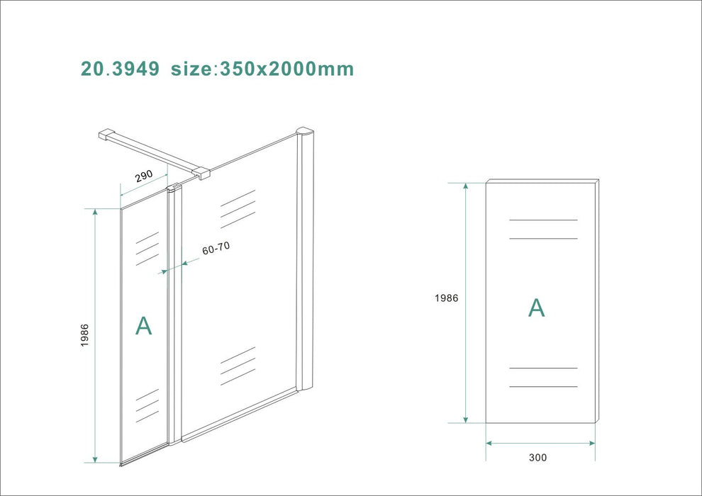 Zijpaneel 35 x 200 cm met scharnierprofiel rechts chroom met 10 mm NANO geheel matglas