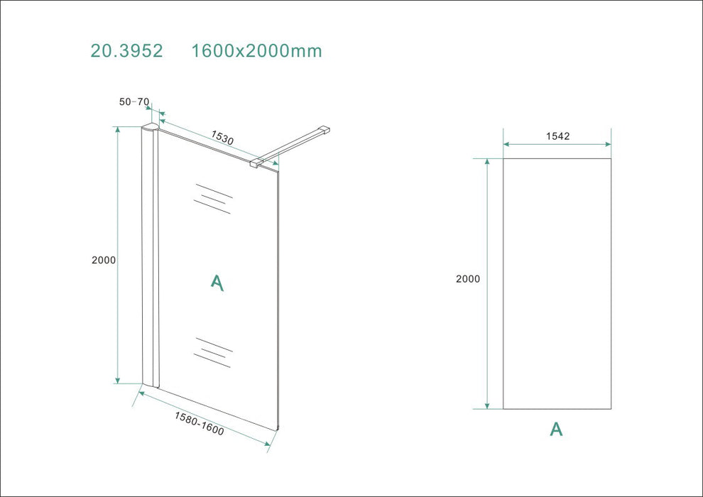 inloopdouche + muurprofiel 1600x2000 8mm NANO glas