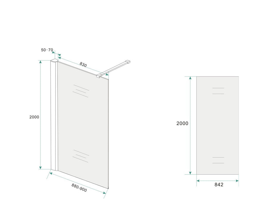 inloopdouche+muurprofiel 900x2000 10mm NANO geheel matglas