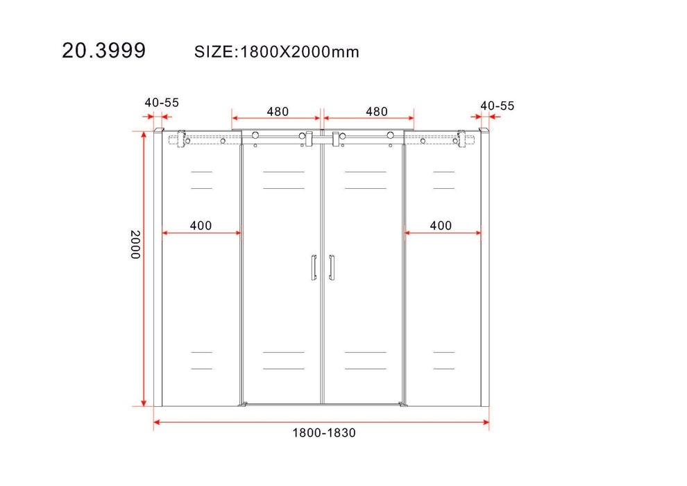 Slide schuifbare nisdeur 4-d. 1800x2000 chr.8mm NANO