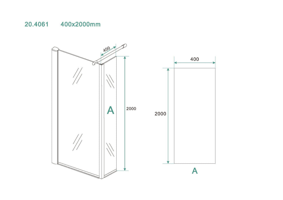 Eco zijpaneel 40 x 200 cm met hoekprofiel voor inloopdouche chroom met 8 mm NANO helder glas