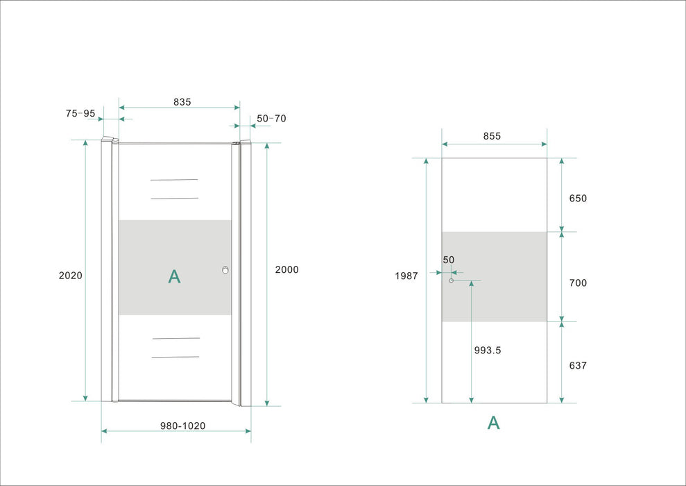 nisdeur -L- met profiel 1000x2000 8mm NANO ged.matglas