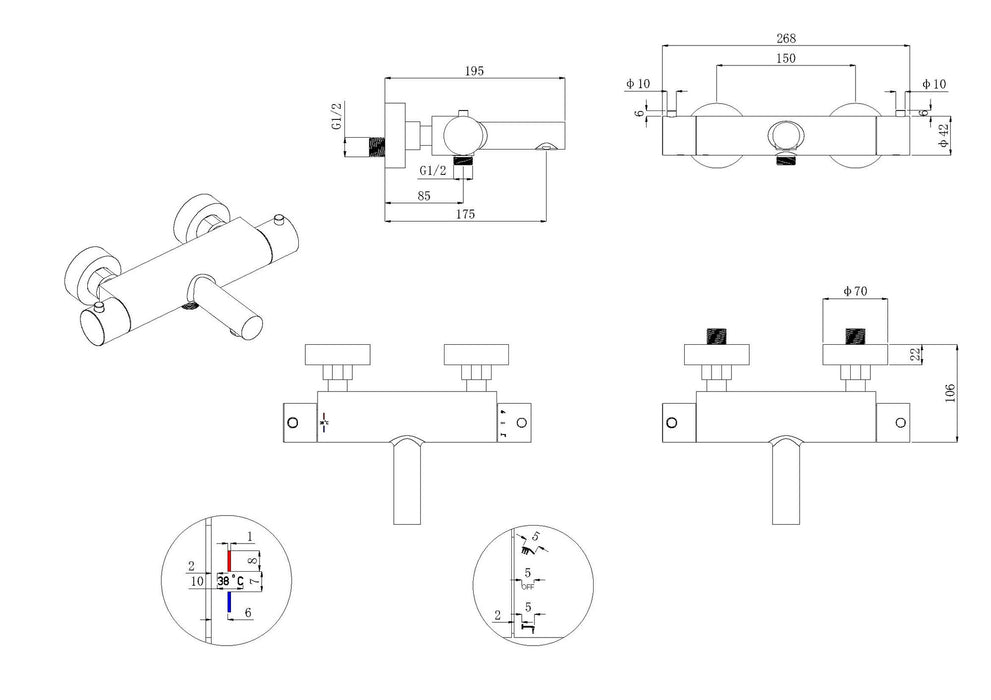 Style thermostatische badmengkraan cooltouch geborsteld staal