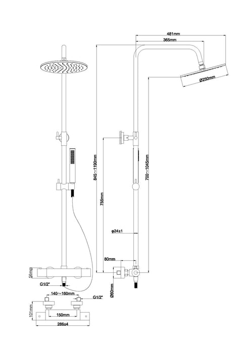 Caral douche-opbouwset + thermostaatkraan mat zwart