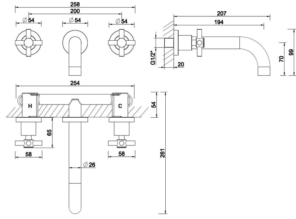 Cross 2-knops wastafel-afbouwdeel chroom