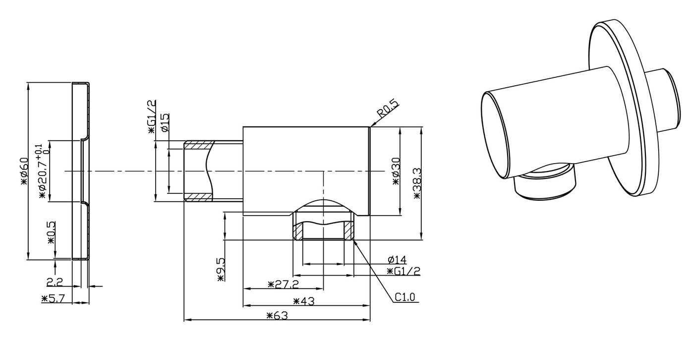 luxe mess.muur doucheaansluiting rond 1/2'' chroom