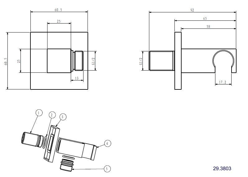 luxe muur doucheaansluiting+opsteek vierk.1/2'' chr.