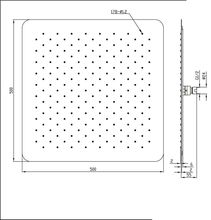 UFO Luxe hoofddouche vierkant 500mm Ultra plat chroom