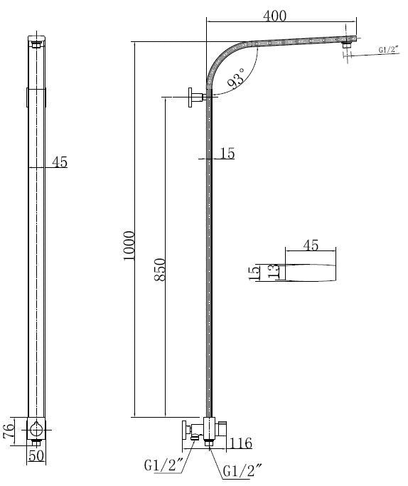 Luxe douchestang+ omstelknop 45x1000 chroom