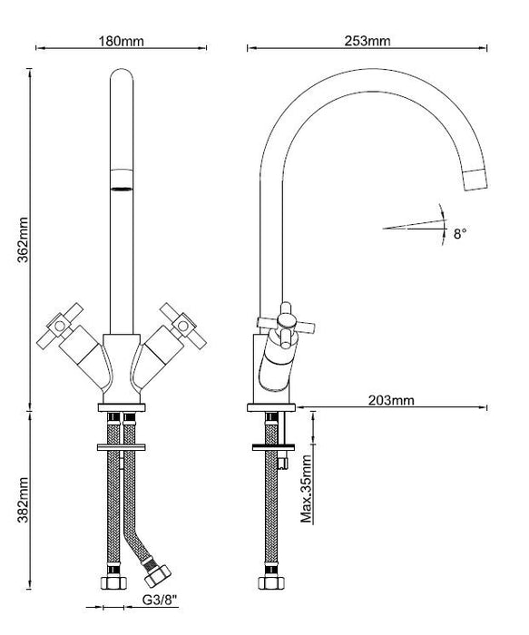 Cross keukenmengkraan 2-knops chroom