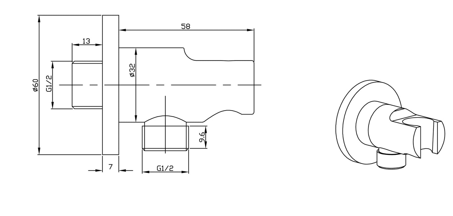 luxe mess.muur doucheaansluiting+opsteek 1/2'' geborsteld staal