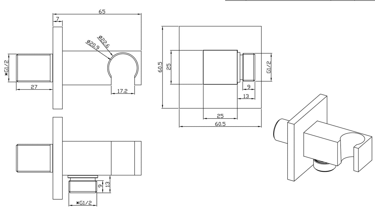luxe muur doucheaansluiting+opsteek vierk.1/2'' geborsteld staal