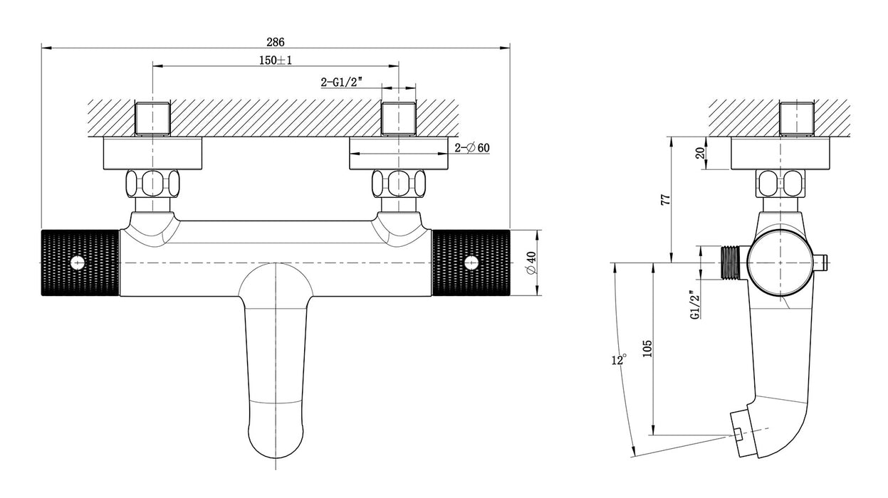 Wiesbaden Ribbd thermostatische badmengkraan hartafstand 15 cm mat zwart