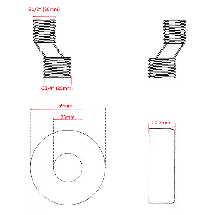 Rio set S-koppelingen met rozet voor 15cm 1/2''x3/4'' chroom