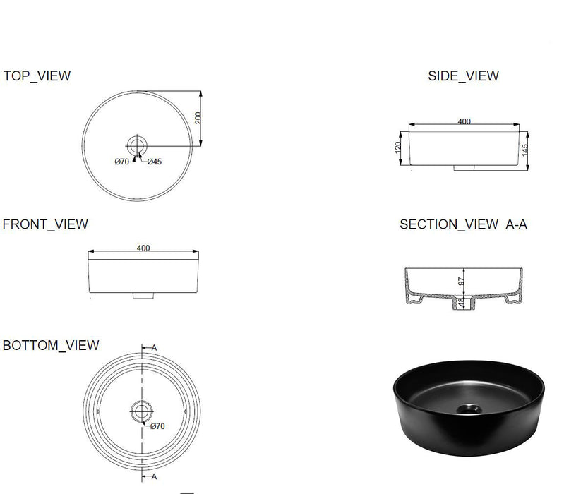 Wiesbaden Link waskom rond 40x12 cm keramiek mat zwart