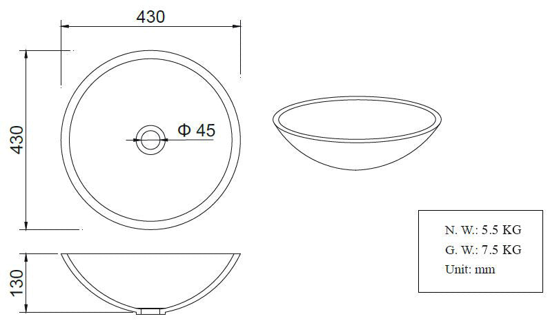 Wiesbaden Valerie waskom rond 43x13 cm solid surface mat wit