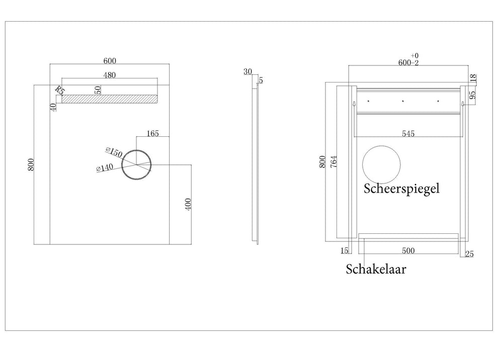 Tigris spiegel met led verlichting + scheerspiegel  600x800