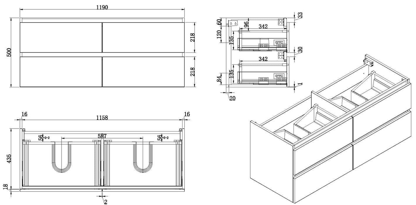 Vision onderkast dubbel+4 laden 120x46 wit