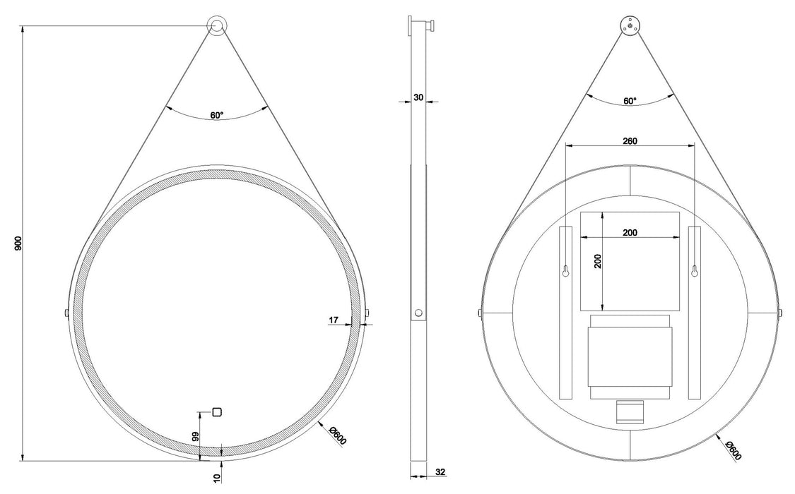 Wiesbaden Cinto spiegel rond met band, LED verlichting, dimbaar en spiegelverwarming 60 cm mat zwart