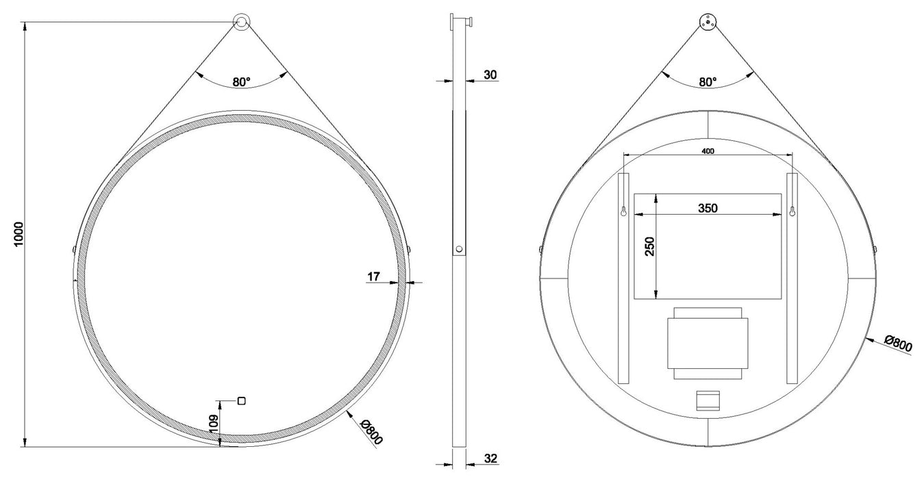 Wiesbaden Cinto spiegel rond met band, LED verlichting, dimbaar en spiegelverwarming 80 cm mat zwart