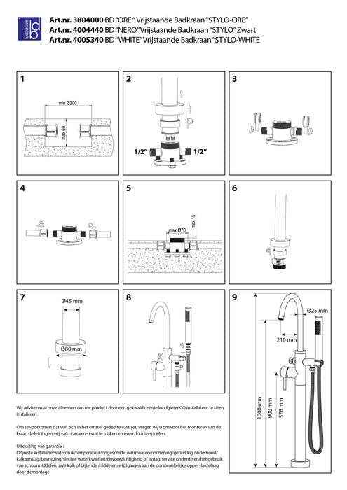 Best-Design Stylo-Ore RVS-304 vrijstaande badkraan H=98 cm