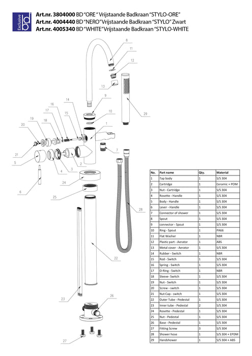 Best-Design Stylo-Ore RVS-304 vrijstaande badkraan H=98 cm