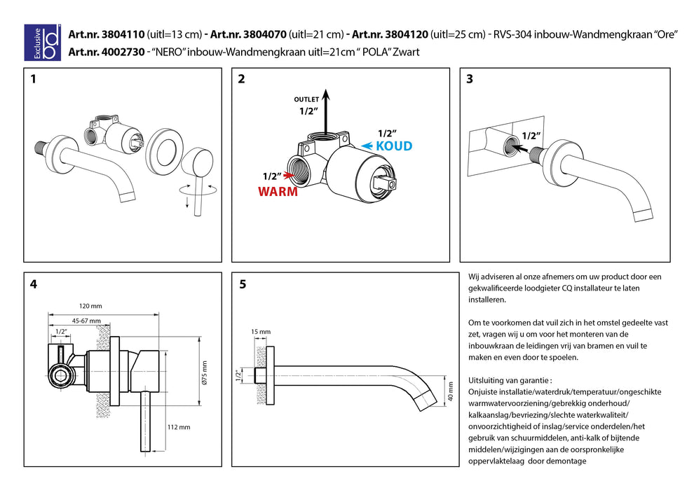 Best-Design RVS-304 Ore-21inbouw-wandmengkraan uitl=21cm