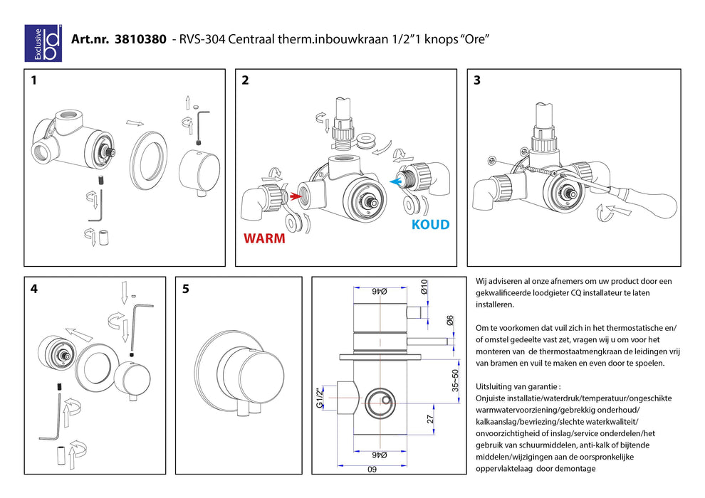 Best-Design RVS-304 Ore centraal thermostatische inbouwkraan 1/2 1 knops