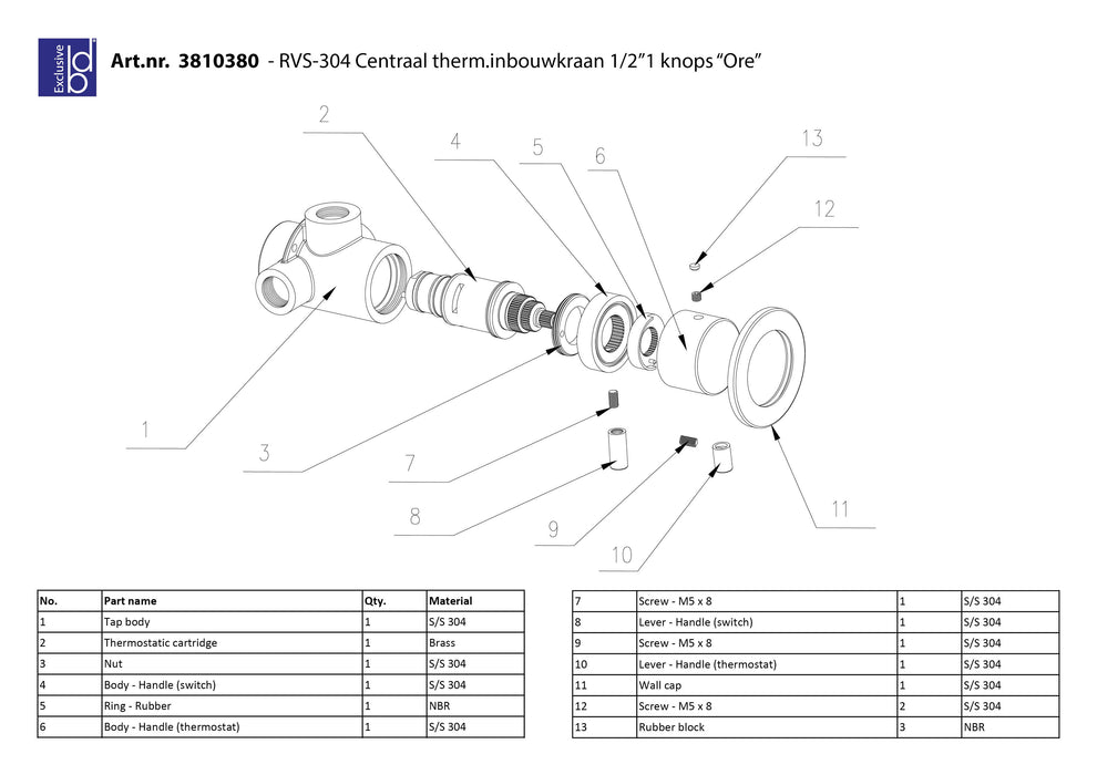 Best-Design RVS-304 Ore centraal thermostatische inbouwkraan 1/2 1 knops