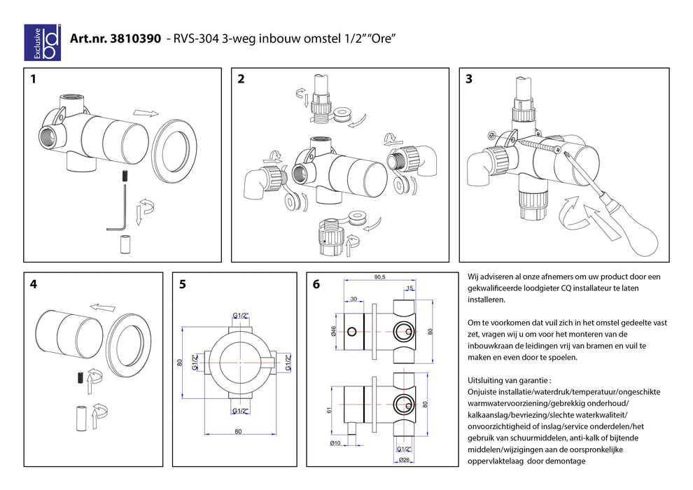 Best-Design RVS-304 Ore 3-weg inbouw omstel 1/2
