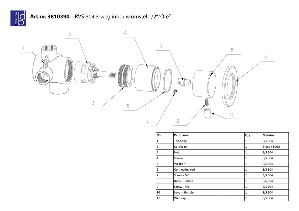 Best-Design RVS-304 Ore 3-weg inbouw omstel 1/2