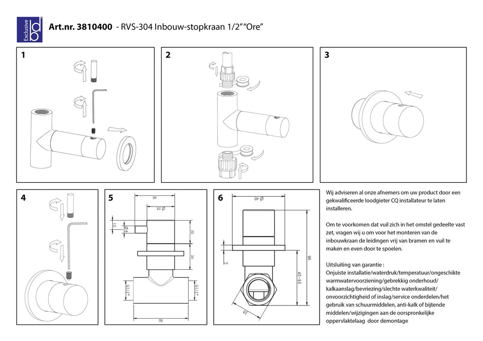 Best-Design RVS-304 Ore inbouw-stopkraan 1/2