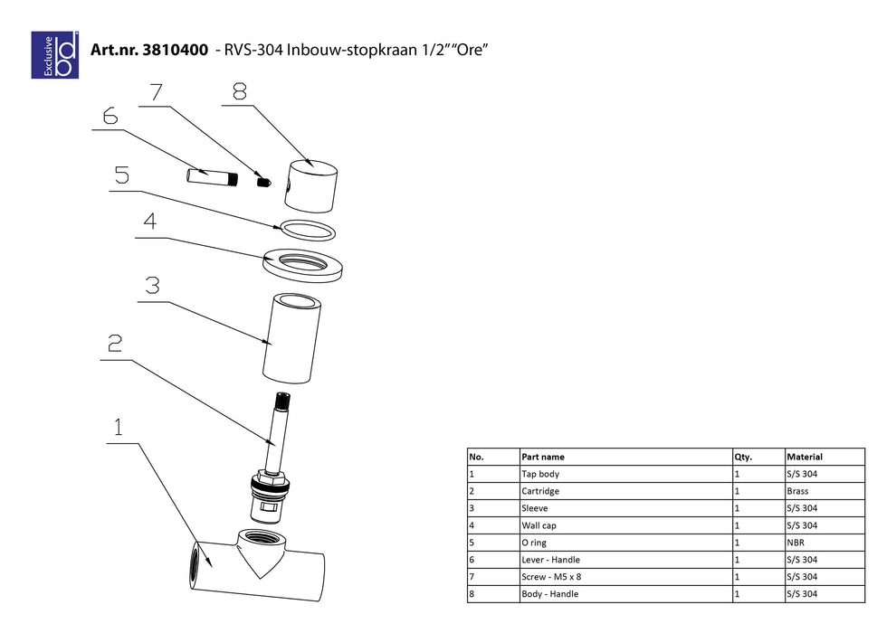 Best-Design RVS-304 Ore inbouw-stopkraan 1/2